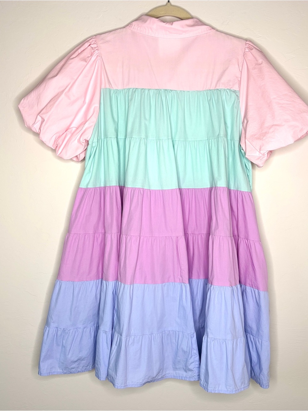 Dress Colorblock Pastel Tiered Babydoll Button-Front Pink Mint blue collared M - Picture 3 of 7